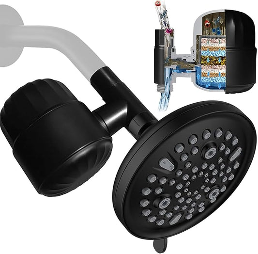 6 Inch Shower Head with Filter - 9 Spray Modes Fixed Water Saving Shower Heads with 2.5 GPM Restrictor, Hard Water Filtering Shower Head to Remove Toxic Chemicals, Matte Black