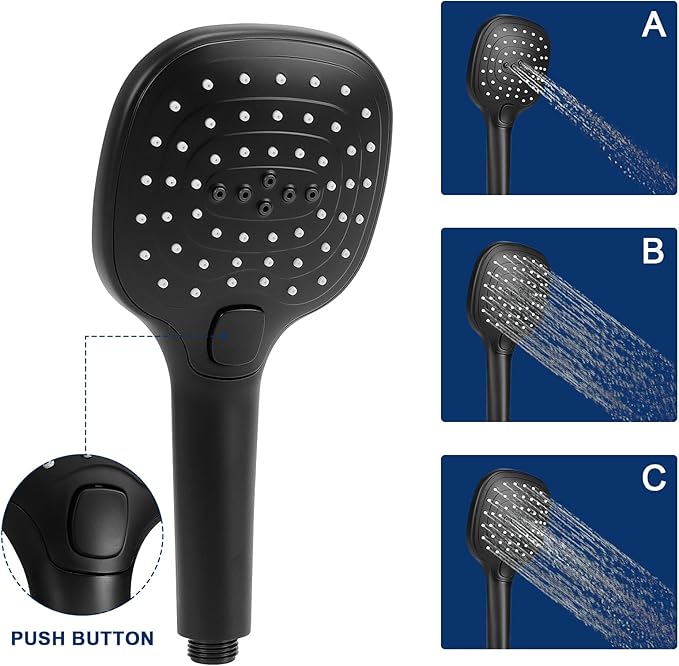 NearMoon Shower Head with Hose, High Pressure Stainless Steel Rain Shower and 3 Settings Handheld Spray Combo with Push Button Flow Control (12 Inch, Matte Black)