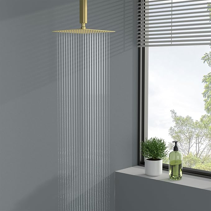 Lordear Rainfall Shower Head 10 Inch Gold Rain Shower Head Square Solid Ultra Thin 304 Stainless Steel Fixed Rainshower Head with Self Cleaning Nozzles
