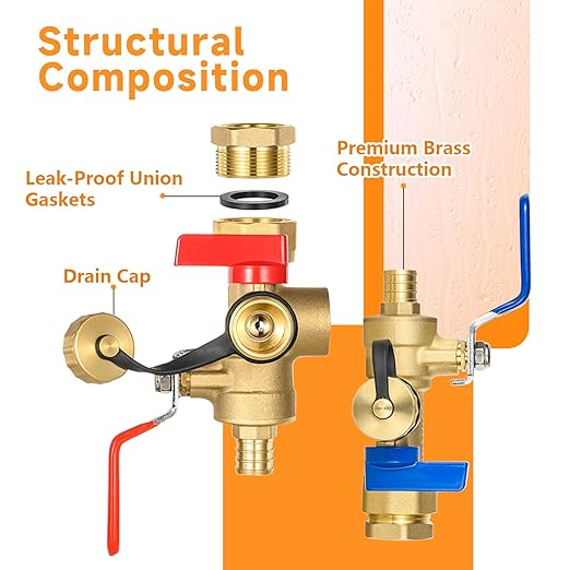 (Set of 1 Kit) HeSun 3/4" FIP X 3/4" PEX-B Crimp IPS Isolator Tankless Water Heater Service Valve Kit, with Pressure Relief Valve