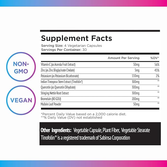 Livingood Daily Allergen Support, Natural Allergy Supplement with Vitamin C, Quercetin, Nettle Leaf, Zinc, Bromelain & Tinospora, Non GMO, Vegan, Immune Support Formula, 120 Vegetarian Capsules