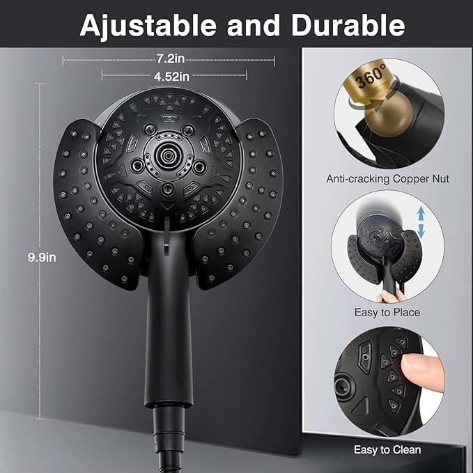 Shower Heads with Handheld Spray Combo: 7.2" Rain Shower Head & Handheld Shower Head 2-IN-1 Shower Head with 60" Hose (BLACK), Shower Trim Systems