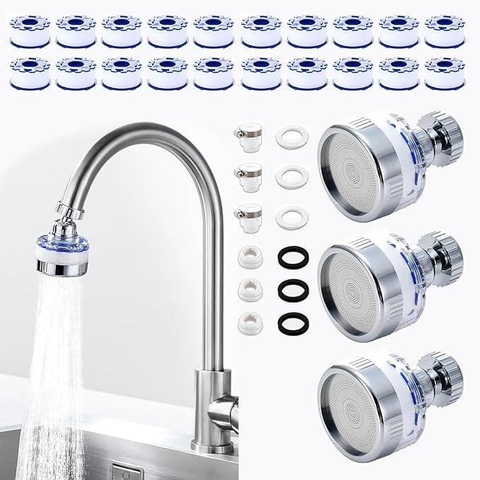 3 Pcs Sink Water Filter Faucet, Universal 360 ° Rotating Kitchen Faucet Water Purifier, Bathroom Faucet Filter Removes Chlorine Fluoride Hard Water for Home Kitchen w/20 Cartridge