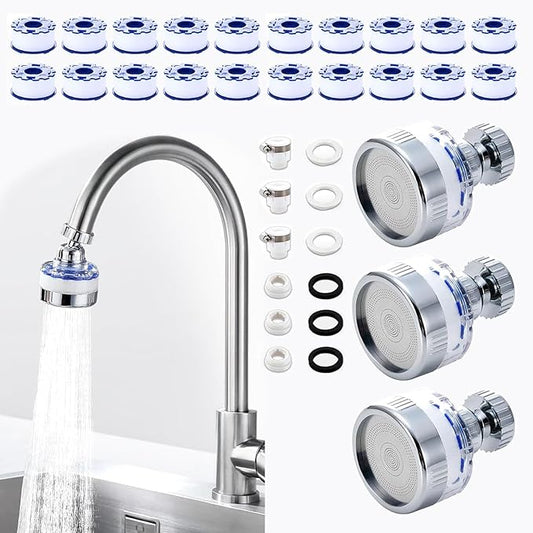 3 Pcs Sink Water Filter Faucet, Universal 360 ° Rotating Kitchen Faucet Water Purifier, Bathroom Faucet Filter Removes Chlorine Fluoride Hard Water for Home Kitchen w/20 Cartridge