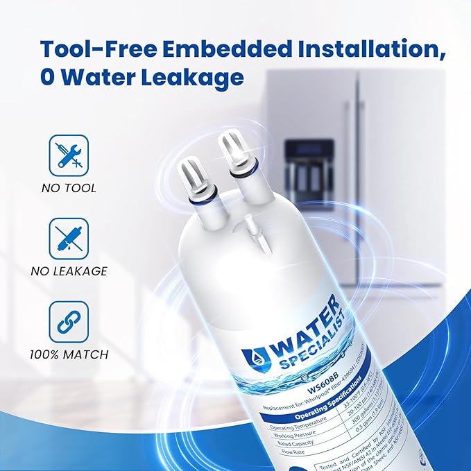 Waterspecialist WS608 Water Filter, Replacement for Whirlpool® EDR3RXD1, 4396841, Everydrop® Filter 3, 4396710, Kenmore® 46-9083, 46-9030, Refrigerator Water Filter, 3 Filters