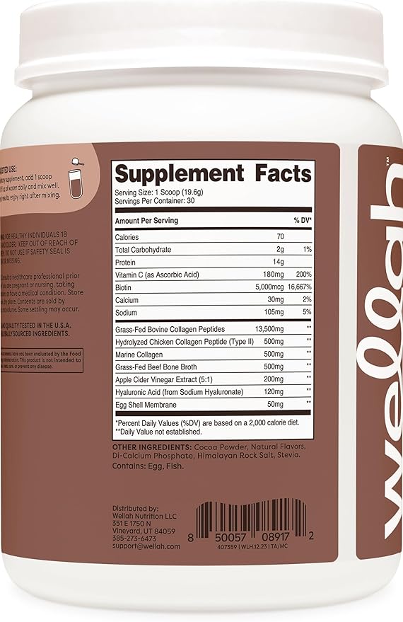 Wellah The Afterglow Multi Collagen Protein + Beauty (30 Servings, Chocolate) - Hair, Skin, Nail & Joint Support - Non-GMO & Gluten Free