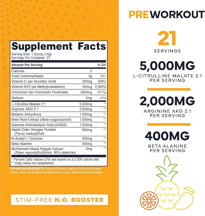 Type Zero Ultra Clean Stim Free Pump Pre Workout (Pineapple Orange Mango) Beetroot, Arginine, Citrulline Malate, Betaine, Beta A, ACV+ Sugar/Caffeine Free Non Stim Preworkout Men & Women