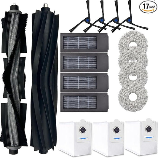 Spare Parts Accessories Kit Compatible With ECOVACS DEEBOT X2 Omni Vacuum Cleaner.1 Main Rubber Brush,1 Normal Main Brush,4 Side Brush,4 Hepa Filters,4 Mop Pads,3 Dust Bags (17 Pack-Black)