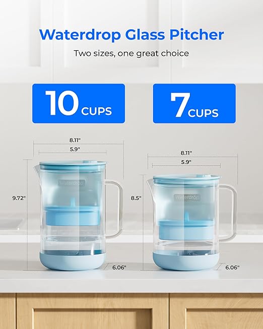 Waterdrop Large Glass Alkaline Water Filter Pitcher with 1 Filter, Enhances Alkaline Water, Eco-Friendly, 10-Cup, for Home and Office, Reduces PFOA/PFOS, Chlorine, Cadmium, Copper, Mercury, Blue
