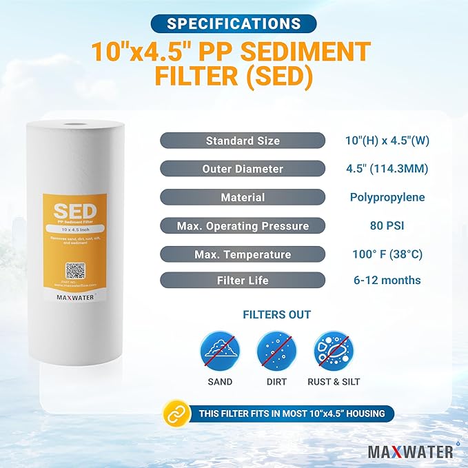 Max Water 5 Micron 10 x 4.5 inch Whole house Sediment Water Filter | Meltblown Polypropylene Well Water Filter Replacement Cartridges for DGD-5005, AP810, SDC-45-1001, GXWH30C, PP10BB (1 Pack)