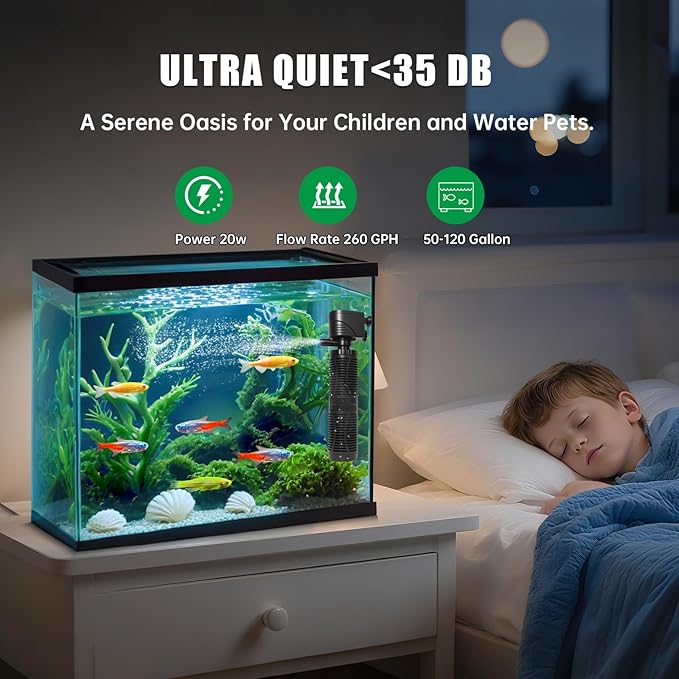 20W Submersible Aquarium Filter for 50–120 Gallon Fish Tanks, Quiet Operation Internal Pump, Energy Efficient, Easy to Install & Maintain, for Freshwater or Saltwater, Comes with Sponge Filter