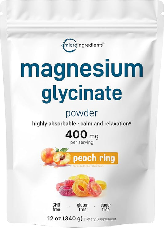 Magnesium Powder, 12oz (56 Servings) | Magnesium Glycinate Powder | Sweet Peach Ring Flavored | Sleep, Muscle, Heart & Nerve Health Support | Easily Absorbed | Non-GMO, Vegan, Sugar Free
