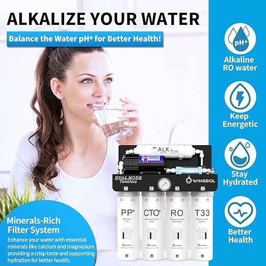 WINGSOL Dual Outlet Reverse Osmosis Water Filter, Mineral Alkaline UV 0 TDS Tankless RO System, Remineralize pH+ 12-Layer Filtration Under Sink, NSF/ANSI 42&53&58 Certified, Plug-in Required