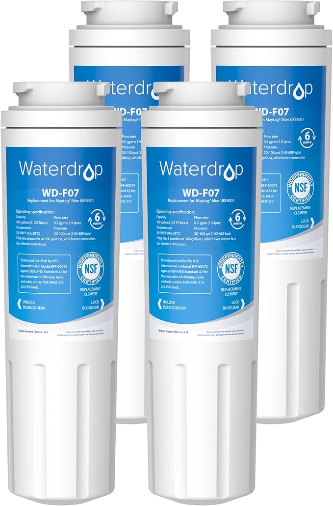 Waterdrop UKF8001 Refrigerator Water Filter 4, Replacement for Whirlpool® EDR4RXD1, EveryDrop® Filter 4, Maytag® UKF8001AXX-750, UKF8001AXX-200, 46-9006, Puriclean II, WF-UKF8001, 4 Filters