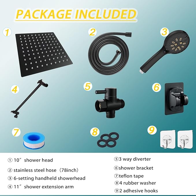 Shower Head, 10" High Pressure Black Rainfall Shower Head with Handheld Spray Combo, 6 Settings Handheld with 78" Anti-leak Hose, 11" Adjustable Extension Arm, Ultra Thin Water Saving, AWAXFOLO