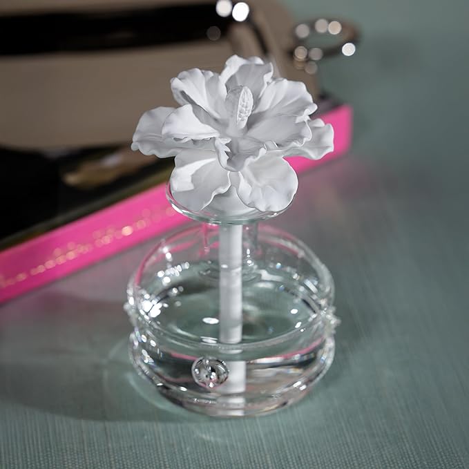 Zodax Grand Casablanca Porcelain Oil Diffuser - Home Fragrance Oil Diffuser Ideal for Living Room, Bathroom, Office - Flower Design - Gift Box Packaging Included - White Hibiscus - 6.76 Oz.