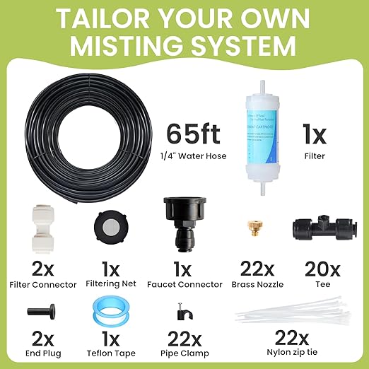 65FT Mister for Outside Patio Misting Cooling System, 65FT (20M) Misting Line+20 Brass Mist Nozzles+Water Filter, Outdoor Mister System for Garden Greenhouse Trampoline Waterparke