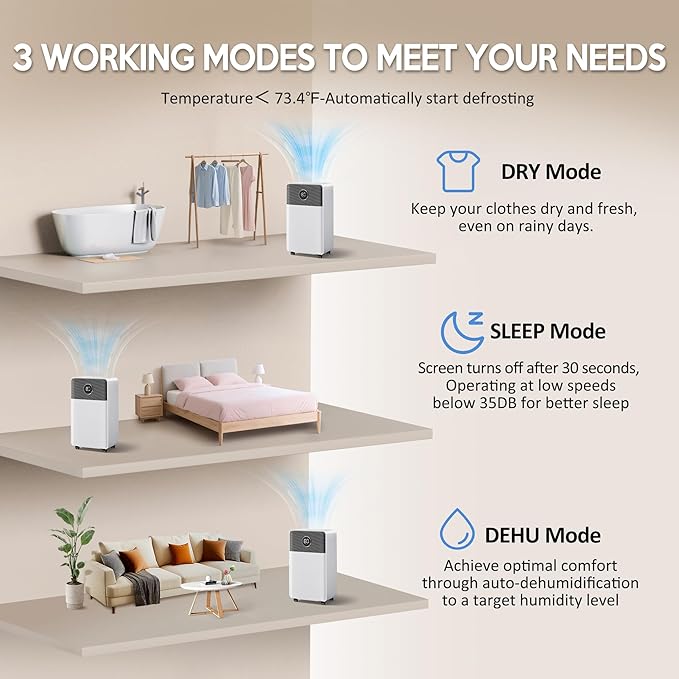 2500 Sq.Ft Dehumidifiers with Drain Hose, Max 34 Pints, Intelligent Humidity Control, 24H Timer, 3 Modes, Child Lock, Auto Defrost, Ideal for RV, Bathroom, Bedroom