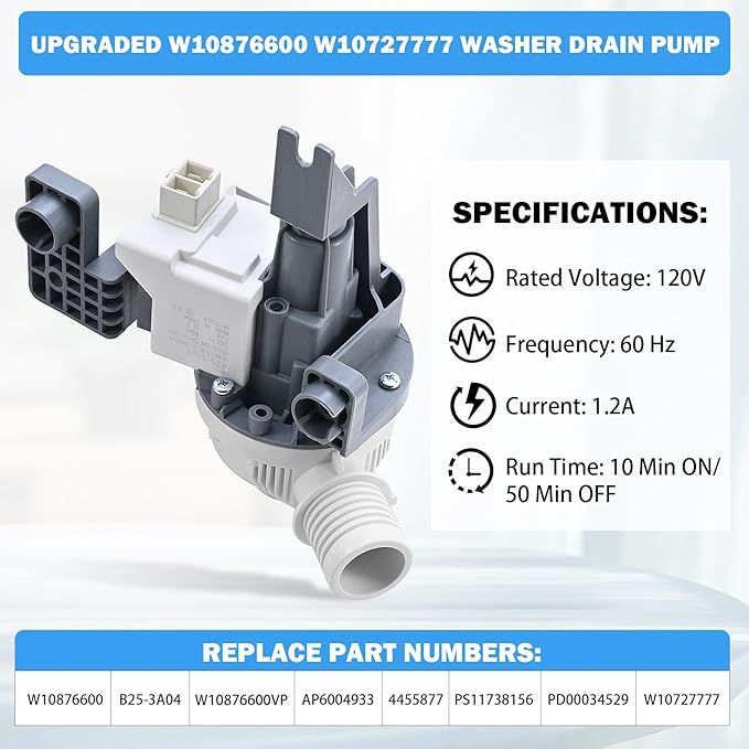 W10876600 W10727777 Washer Drain Pump Assembly Compatible with Whirlpool Kenmore Maytag Crosley Top Load Clothes Washing Machine Replacement Parts W10876600VP AP6004933 PS11738156 B25-3A04