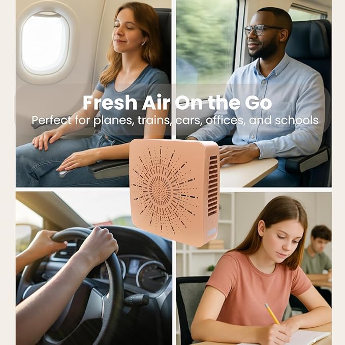 4-in-1 Portable Air Purifier HEPA Filter, Aroma, Ionizer & Mini Fan – USB-C Desktop Air Cleaner for Smoke, Pollen, Dander, Odors – 5 Colors for Bedroom, Office, Baby, Pets, Travel (Warm Beige)