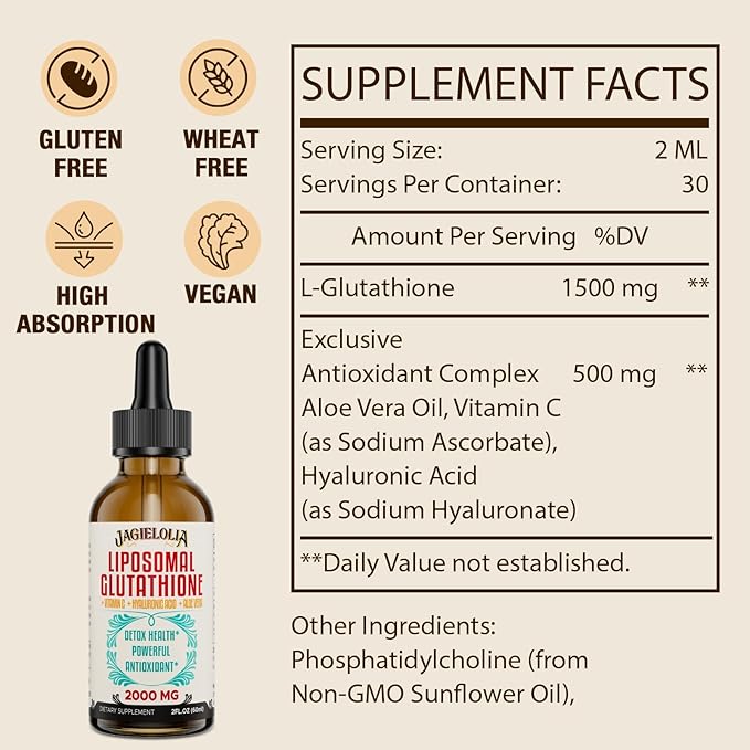 Liposomal Glutathione Liquid 2000MG – Antioxidant Detox Supplement for Women & Men, Aging Defense, Liver Function & Energy, with Hyaluronic Acid + Aloe Vera + Vitamin C, Natural & Vegan, 12 FL.OZ