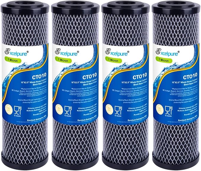 1 Micron 10" x 2.5" Whole House CTO Carbon Water Filter Cartridge Replacement for Home Countertop System, Dupont WFPFC8002, WFPFC9001, FXWTC, SCWH-5, WHEF-WHWC, WHCF-WHWC, CTO10, T01, 4PACK