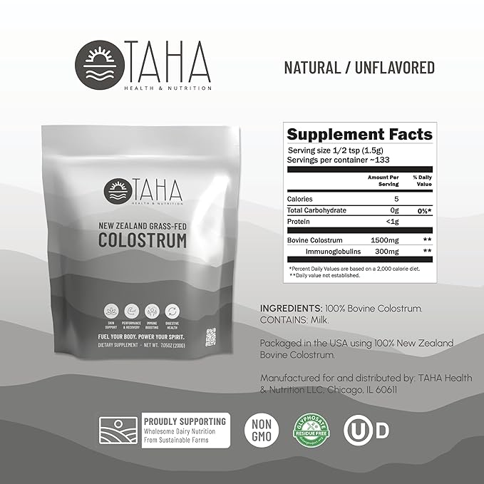 Taha Health & Nutrition Bovine Colostrum, Natural, Undiluted, First Milk | Supports Immune & Gut Health | Non-GMO, Grass-Fed, Free-Range New Zealand Dairy, 7.05 OZ (200g), ~133 Servings
