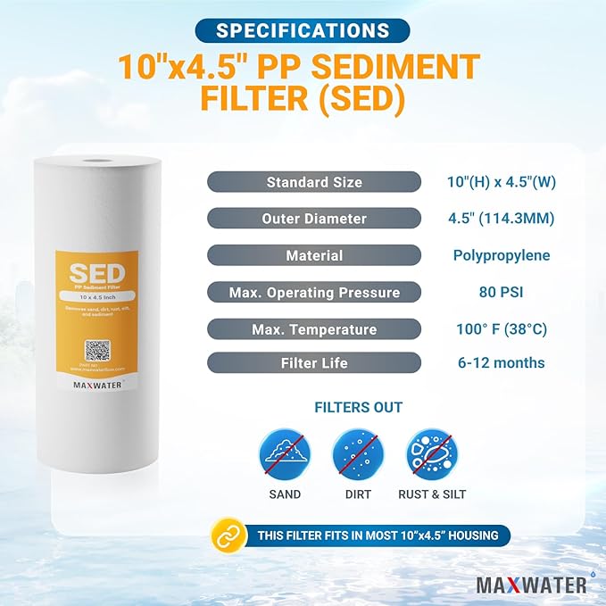Max Water 5 Micron 10 x 4.5 inch Whole house Sediment Water Filter | Meltblown Polypropylene Well Water Filter Replacement Cartridges for DGD-5005, AP810, SDC-45-1001, GXWH30C, PP10BB (12 Pack)