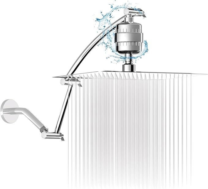 Filtered Shower Head with Adjustable Extension Arm, Rain High Pressure Showerhead with 20-Stage Shower Filter for Removing Chlorine and Harmful Substances (10 Inch, Chrome Finish)