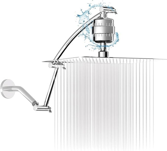 Filtered Shower Head with Adjustable Extension Arm, Rain High Pressure Showerhead with 20-Stage Shower Filter for Removing Chlorine and Harmful Substances (10 Inch, Chrome Finish)