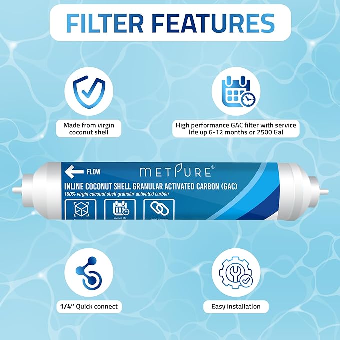 In line Water Filter 2" x 10" Coconut Shell Post Activated Carbon Water Filter Replacement 1/4" Quick Connects for Inline Reverse Osmosis RO Water Filtration, Refrigerator, Ice Maker [2 Pack]
