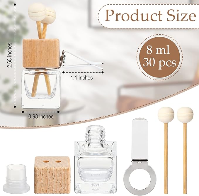 Zubebe 30 Pack Car Air Freshener Diffuser with Vent Clip Empty Car Diffuser Bottles for Essential Oil Perfume Glass Bottle with Wooden Caps Stick(Square)