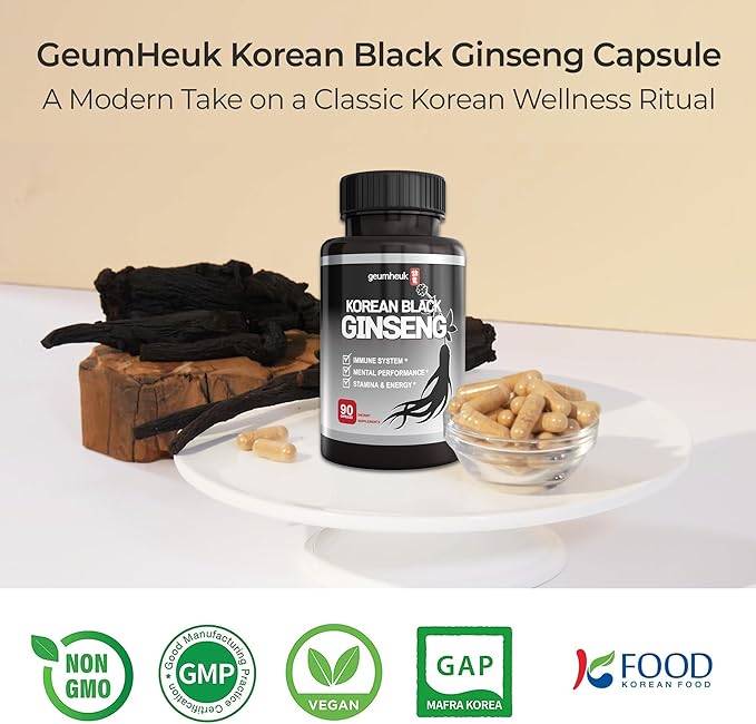 Korean Black Panax Ginseng Capsule 1000mg - 90 Vegan Capsules Non GMO, High Ginsenosides, High Absorption Rate, Enhance Immunity, Mental Performance, Stamina & Energy, Men & Women