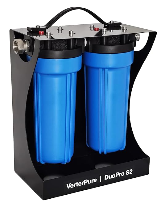 DuoPro S2 External 2-Stage RV Fresh Water Filter System, High Flow, NSF Housings, 3/4" GHT Stainless Steel Fittings, Reduce Sediment, Chlorine, Odor, Heavy Duty Free-Standing Chassis, Blue