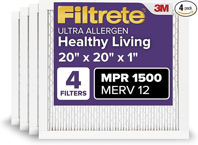 Filtrete 20x20x1 AC Furnace Air Filter, MERV 12, MPR 1500, CERTIFIED asthma & allergy friendly, 3 Month Pleated 1-Inch Electrostatic Air Cleaning Filter, 4-Pack (Actual Size 19.69x19.69x0.78 in)