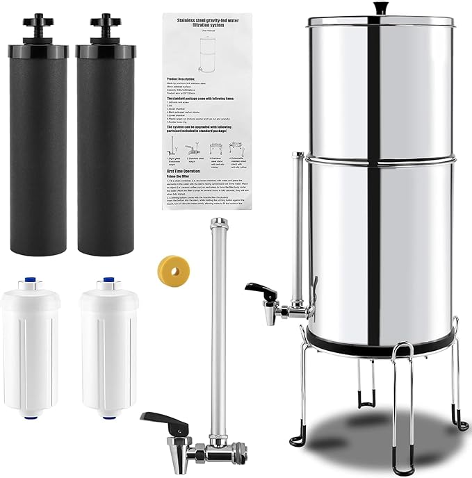 2.25 Gallon Stainless Steel Gravity-fed Water Filter System with Black Activated Carbon Filter and Fluoride Filters for Home, Camping, Travel, Outdoor Adventures and Emergencies - 2 Year Warranty