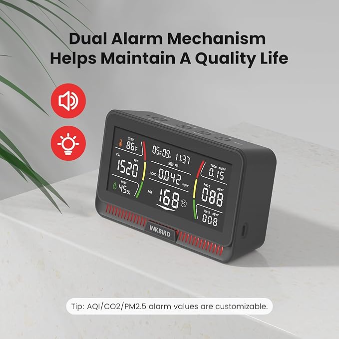 10-in-1 Air Quality Monitor with WiFi App Alerts | CO2, PM2.5, HCHO, TVOC Detector | 6.1" HD Display & 2Y Data Storage | Wall/Desk Mount for Home, Office, School (Black)