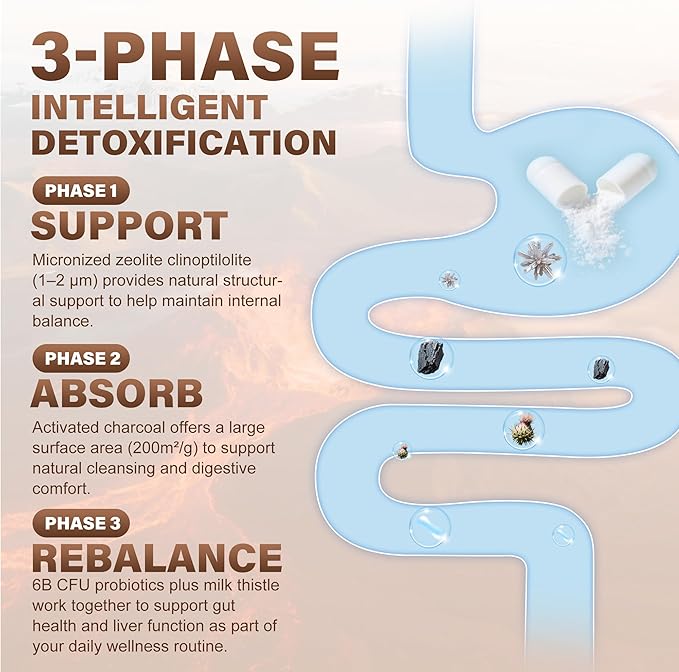 Zeolite Detox Capsules, 1-2 µm Clinoptilolite, Organic Activated Charcoal & Bentonite Clay, Multi-Active Formula for Full Body, Gut & Liver Cleanse, Supplement for Men & Women, 60 Capsules