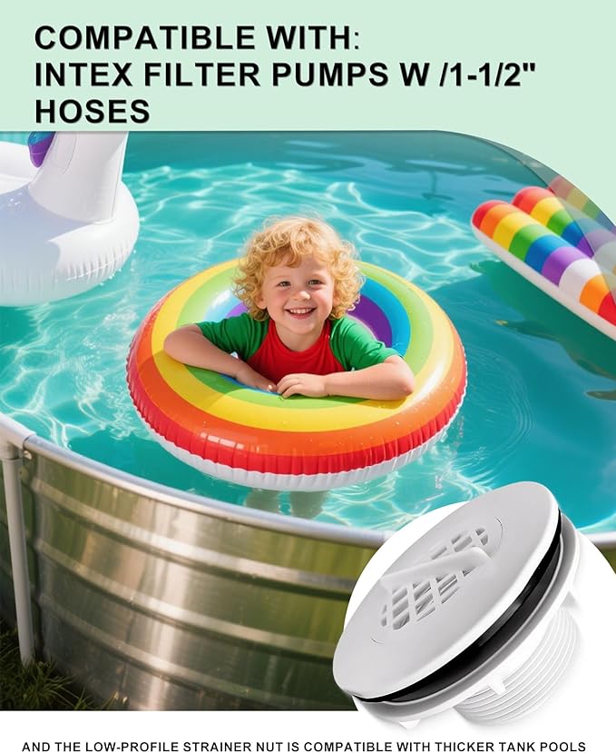 (2pcs) Threaded Inlet Strainer Compatible with Intex Filter Pumps with 1-1/2" Hoses, Above Ground Stock Tank Pool Inlet Strainer Replacement Parts Including Rubber Washer Filter Nut and Grid