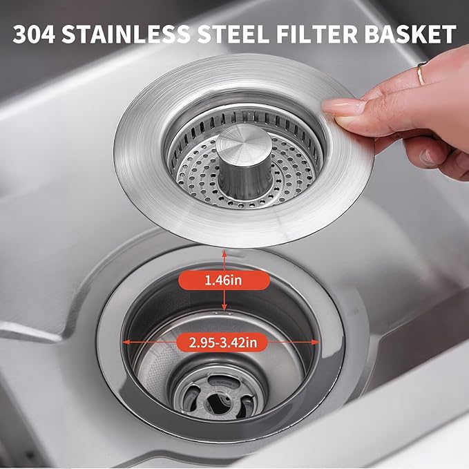 2 Pack – 3-in-1 Kitchen Sink Drain Strainer Stopper, 304 Stainless Steel Pop Up Sink Plug with Removable Filter Basket, Fits 3-1/2” US Standard Drain, Anti-Clog, Rustproof, Odor Blocker