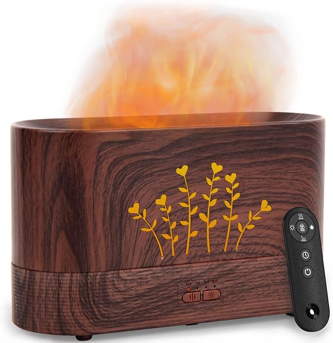 Flame Aroma Diffuser Humidifier,Auto-Off 300ml Essential Oil Diffuser for Large Room, Adjustable Brightness Air Humidifier with Timer for Home Office Spa Gym (Wood Grain)