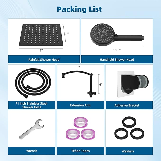 Hibbent All Metal Shower Head, 8'' High Pressure Rain Shower Head/Handheld Showerhead Combo with 16'' Adjustable Arc-shaped Extension Arm, 10 Sprays, 71'' Hose, Showerhead Holder, Matte Black