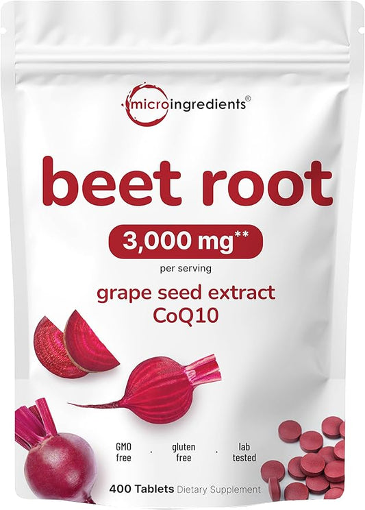 Beet Root 3,000mg with Grape Seed Extract & CoQ10, 400 Tablets | 200 Servings | Super Beets Supplements from Fresh Beetroot Extract for Nitric Oxide, Blood Pressure & Heart Health Support