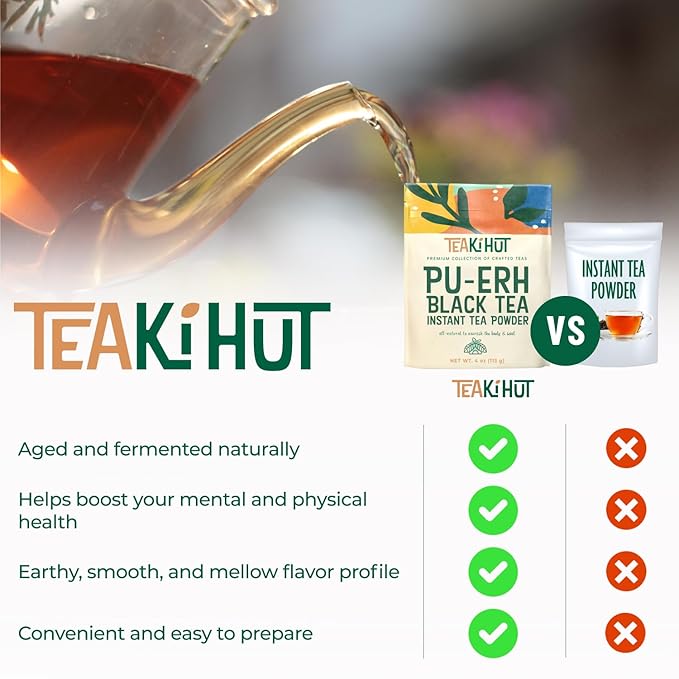 Instant Pu-erh Black Tea Powder 4 oz, Low-Carb, Low-Calorie Black Tea for Hot & Cold Beverages, Refreshing Instant Powder for Lattes, Smoothies, Cocktails & Baked Goods