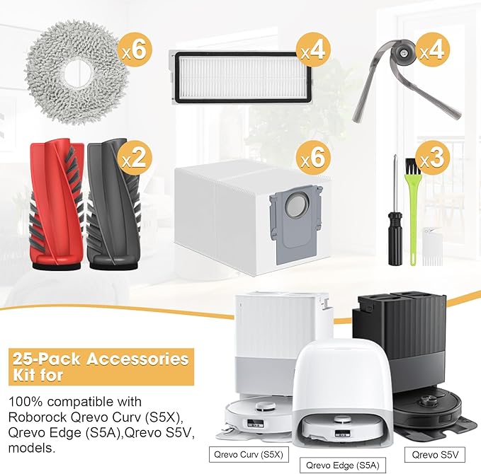 25PCS Qrevo S5V Replacement Accessories Kit Compatible with Roborock Qrevo Curv/Curv S5X/Qrevo Edge/Edge S5A Includes Dual Main Brush, HEPA Filters, Mop Pads, Side Brushes, Dust Bag and Tools