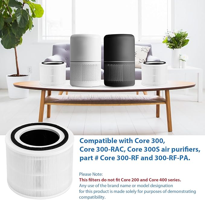 Core 300 Replacement Filter Compatible for LEVOIT Core 300 and Core 300S Air Purifier, Core 300-RF, 3-in-1 H13 True HEPA, Activated Carbon Filtration System, 2 Pack, White