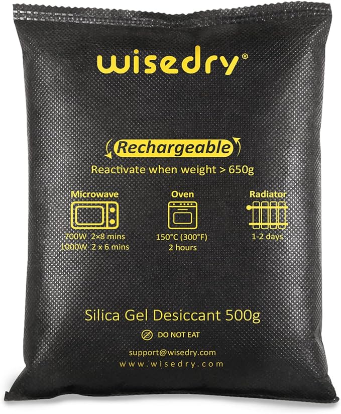 wisedry 4 x 500 Grams [4.4 lbs] Rechargeable Silica Gel Car Dehumidifier, Microwave Fast Reactivated Desiccant Packets Large for Gun Safe Closet Basement Garage Storage Moisture Absorber Bag Reusable
