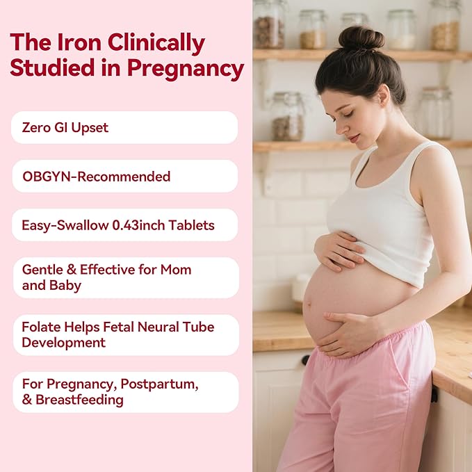 Gentle Iron Supplement for Women Anemia: Slow Release Iron Pills Clinically Shown to Support Increase Iron for Pregnant Patented SunActive Tech, with Folic Acid, B12, Vitamin C & B6, 18 mg, 20 Tablets