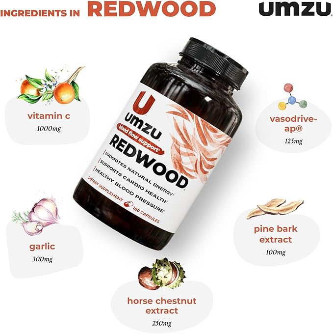 UMZU Redwood Nitric Oxide Booster, 3-Month Supply – Nitric Oxide Supplement with Vitamin C, Garlic & Horse Chestnut – Supports Healthy Circulation, Blood Flow, Energy, Stamina and Daily Vitality