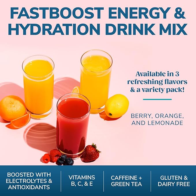 FAST BOOST Energy & Hydration Drink Mix - Lemonade | Sugar Free Electrolyte Powder Packets with Antioxidants, Green Tea Extract, B Vitamins, Vitamin C & E | 14 Stick Packs